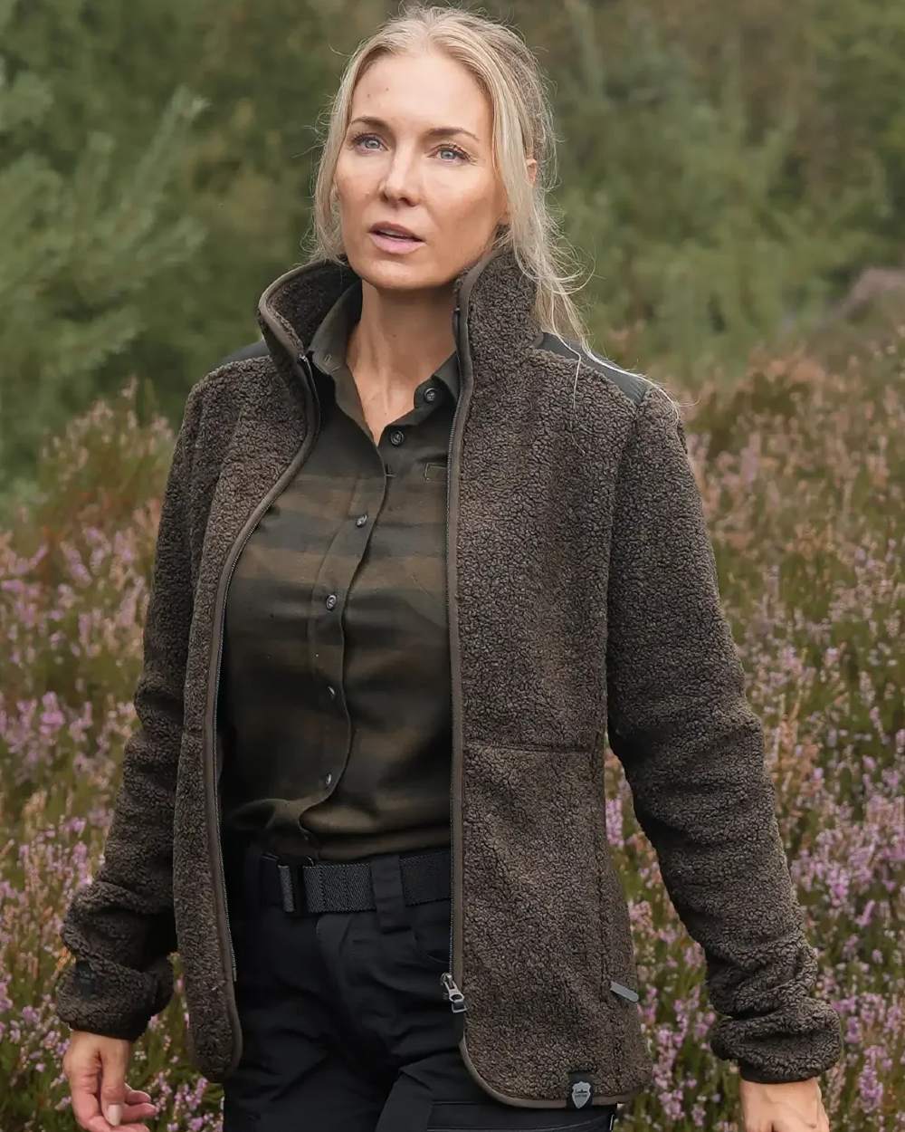 Dark Green coloured Northern Hunting Womens Gudrun Sherpa Fleece on forest background 