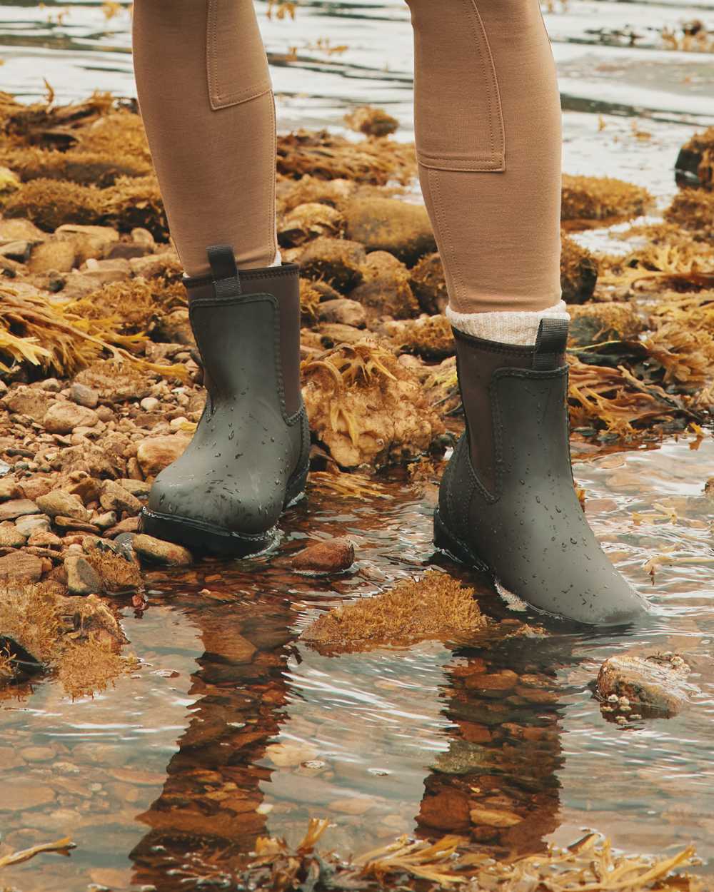 Chocolate Brown coloured Oakfield Womens Short Neoprene Lined Wellies on river background 