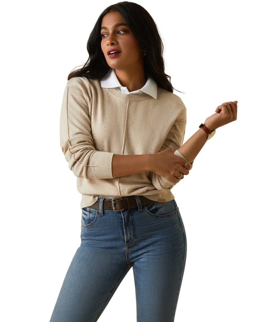 Oatmeal Coloured Ariat Womens Peninsula Sweater On A White Background 