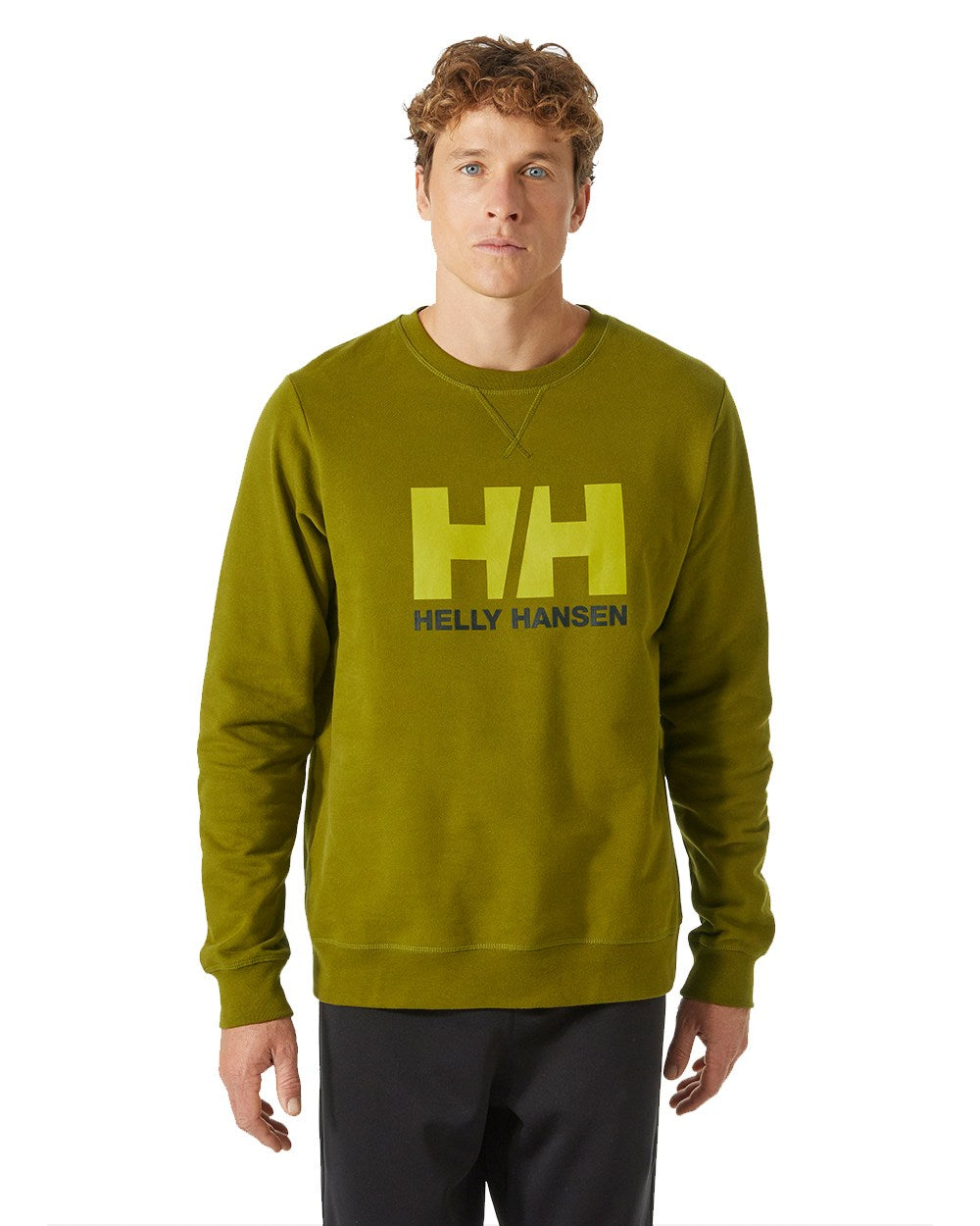 Olive Green Coloured Helly Hansen Mens Logo Crew Sweatshirt On A White Background 