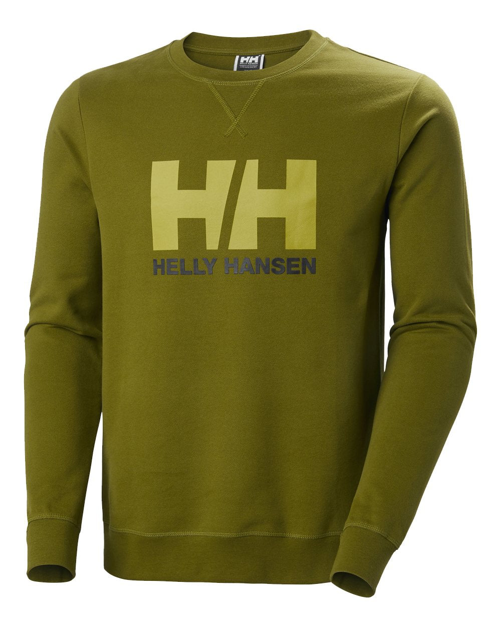 Olive Green Coloured Helly Hansen Mens Logo Crew Sweatshirt On A White Background 