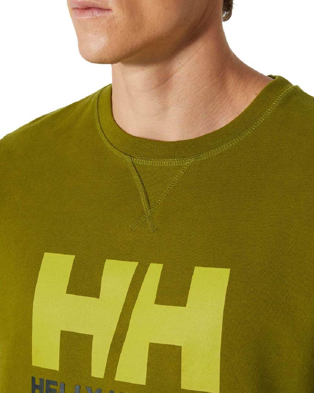 Olive Green Coloured Helly Hansen Mens Logo Crew Sweatshirt On A White Background 