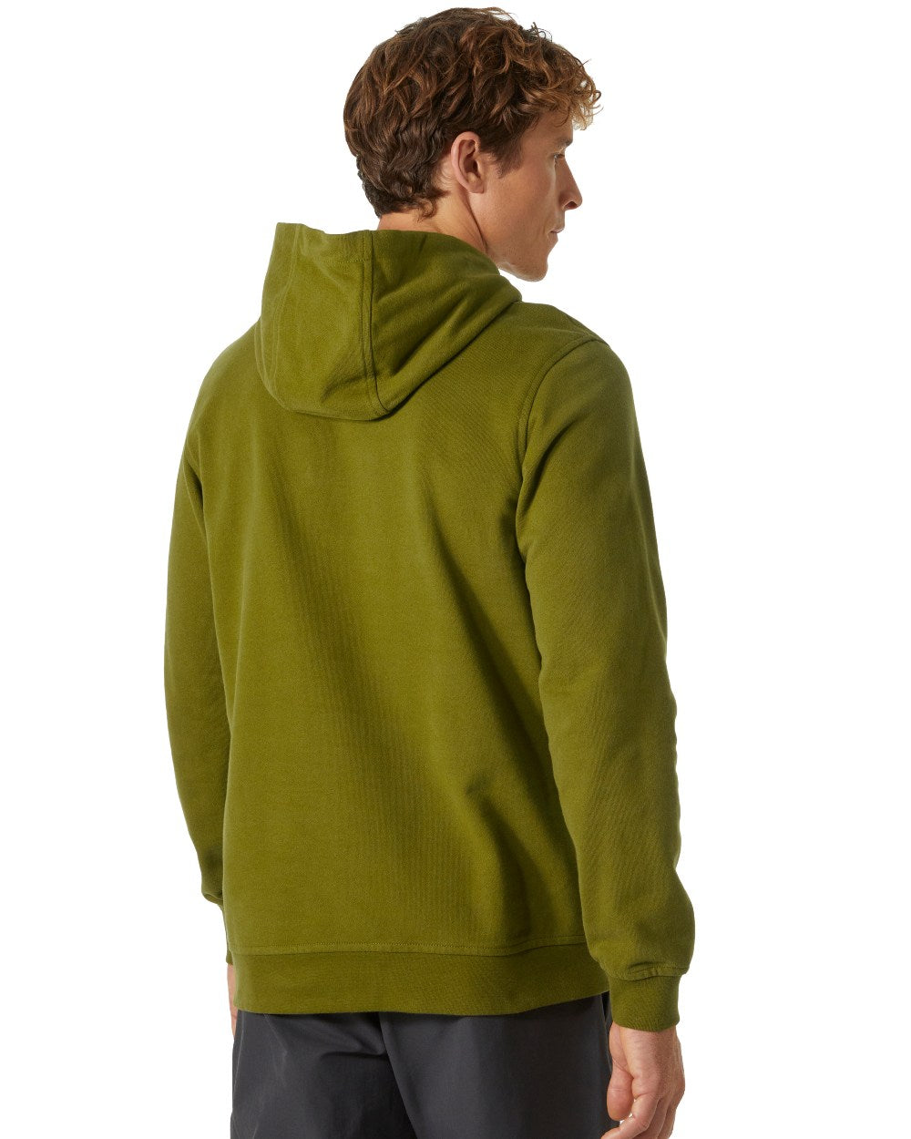 Olive Green Coloured Helly Hansen Mens Logo Hoodie On A White Background 