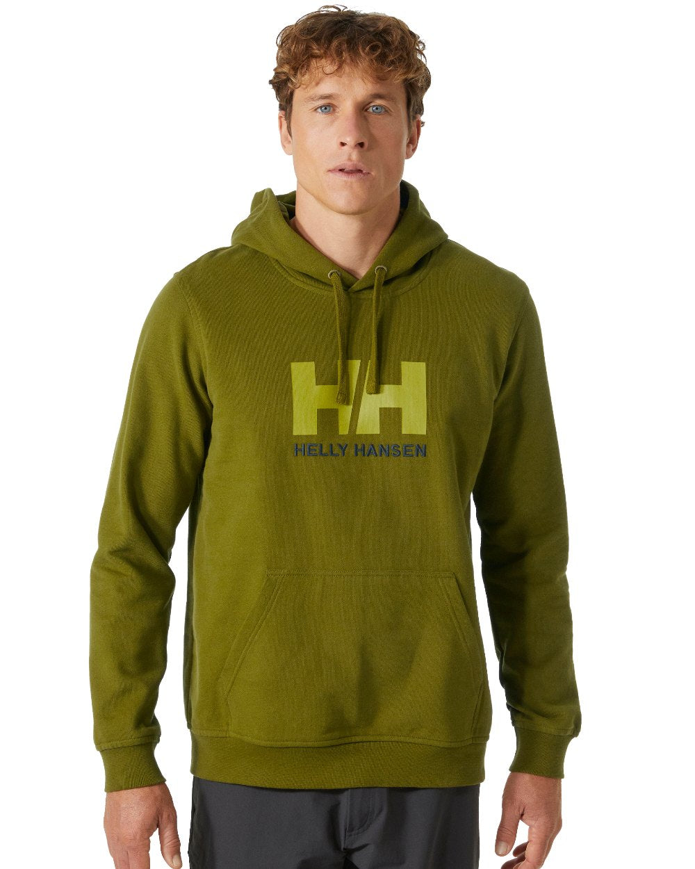 Olive Green Coloured Helly Hansen Mens Logo Hoodie On A White Background 