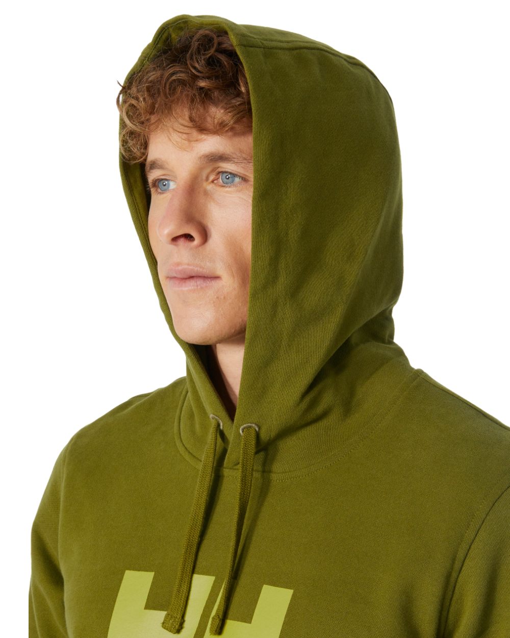 Olive Green Coloured Helly Hansen Mens Logo Hoodie On A White Background 