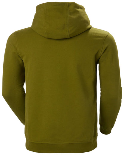 Olive Green Coloured Helly Hansen Mens Logo Hoodie On A White Background 
