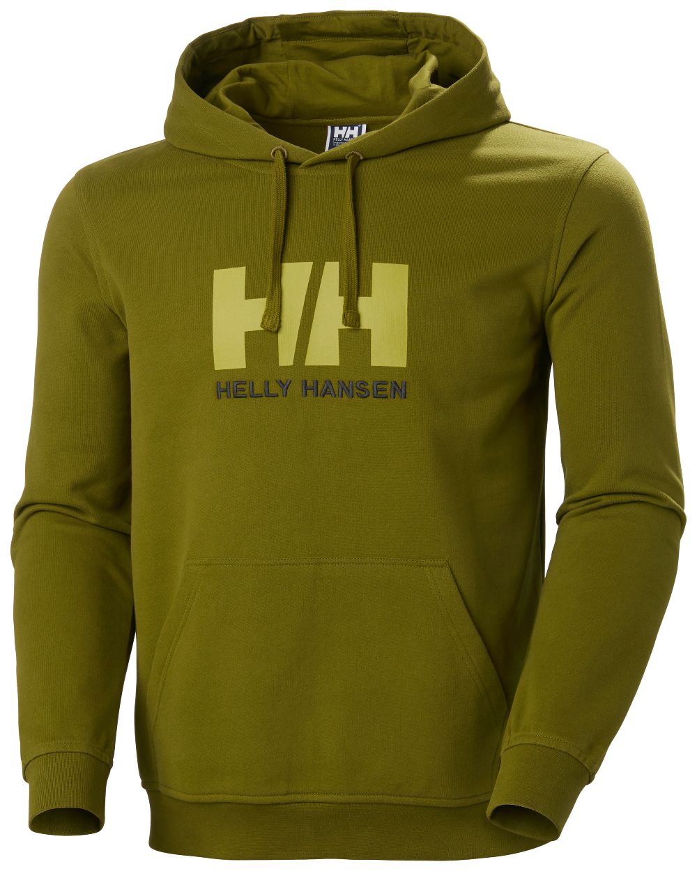 Olive Green Coloured Helly Hansen Mens Logo Hoodie On A White Background 