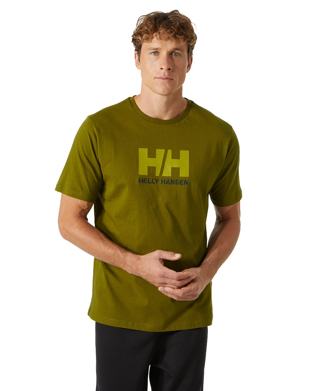 Olive Green Coloured Helly Hansen Mens Logo T-Shirt On A White Background 