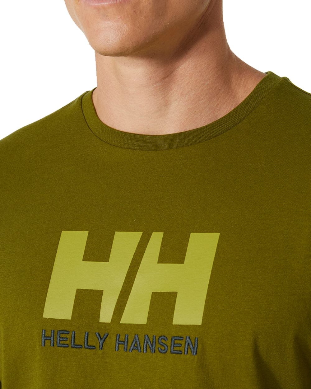 Olive Green Coloured Helly Hansen Mens Logo T-Shirt On A White Background 