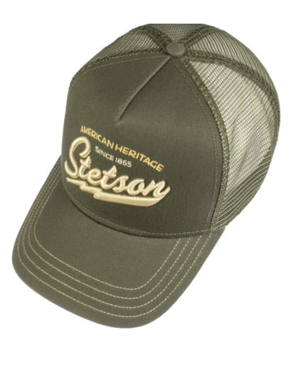 Olive coloured Stetson American Heritage Classic Trucker Cap on White background 