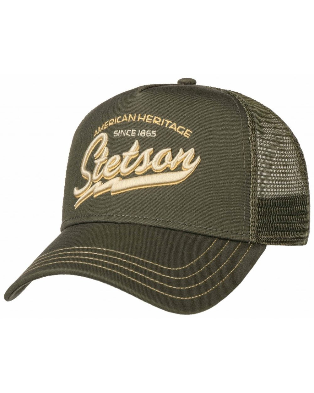 Olive coloured Stetson American Heritage Classic Trucker Cap on White background 