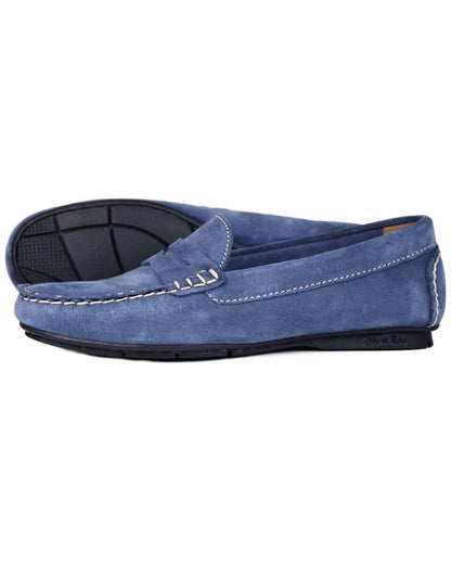 Dark Denim Coloured Orca Bay Womens Florence Suede Loafers On A White Background 