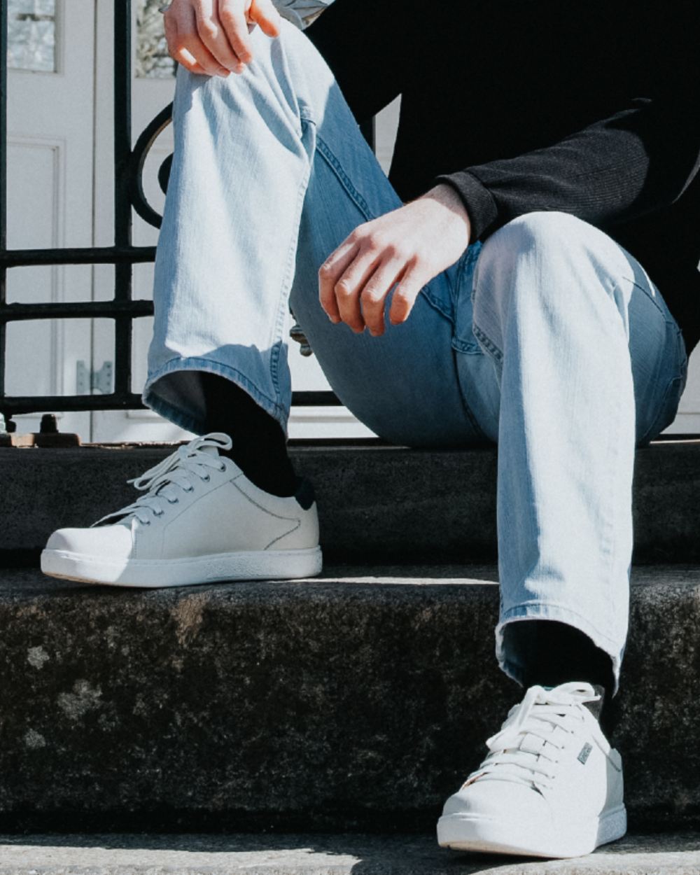 White Navy Coloured Orca Bay Mens Belgravia Trainers on outdoor background 