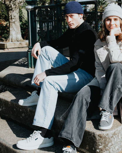 White Navy Coloured Orca Bay Mens Belgravia Trainers on outdoor background 