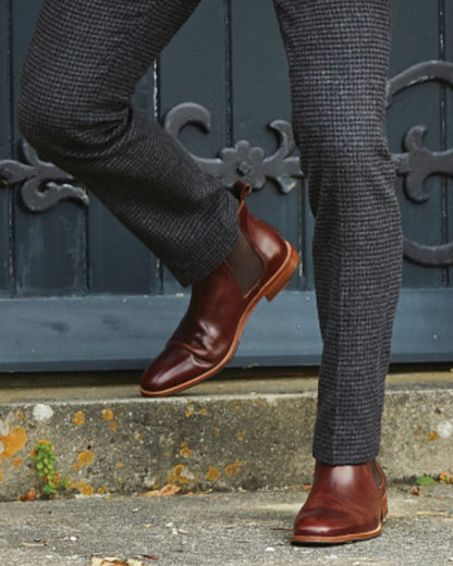 Brown Pull Up Coloured Orca Bay Mens Brompton Chelsea Boots on outdoor background 