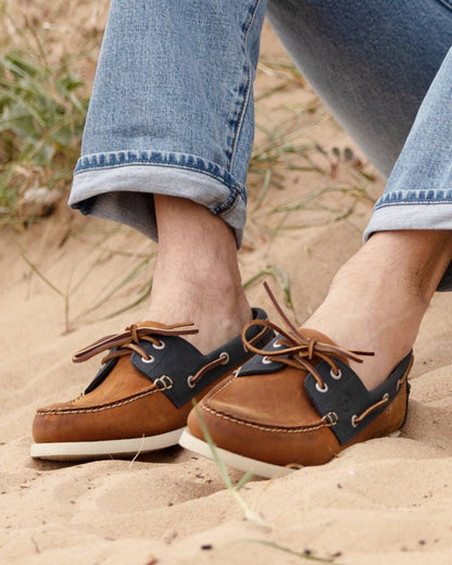 Sand Navy Coloured Orca Bay Mens Clovelly Deck Shoes on sand background 