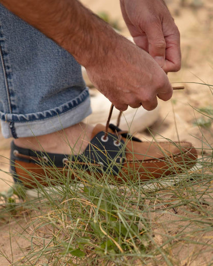 Sand Navy Coloured Orca Bay Mens Clovelly Deck Shoes on sand background 