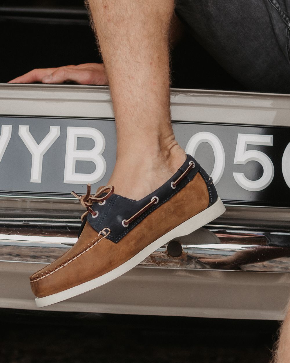 Sand Navy Coloured Orca Bay Mens Clovelly Deck Shoes on outdoor background 