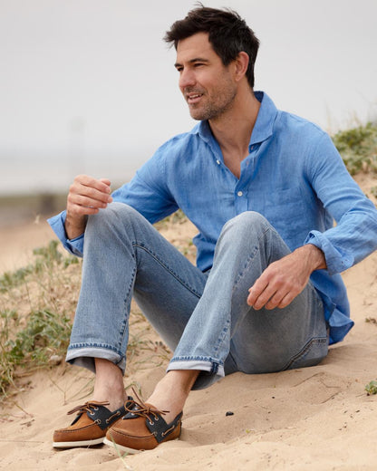 Sand Navy Coloured Orca Bay Mens Clovelly Deck Shoes on sand background 