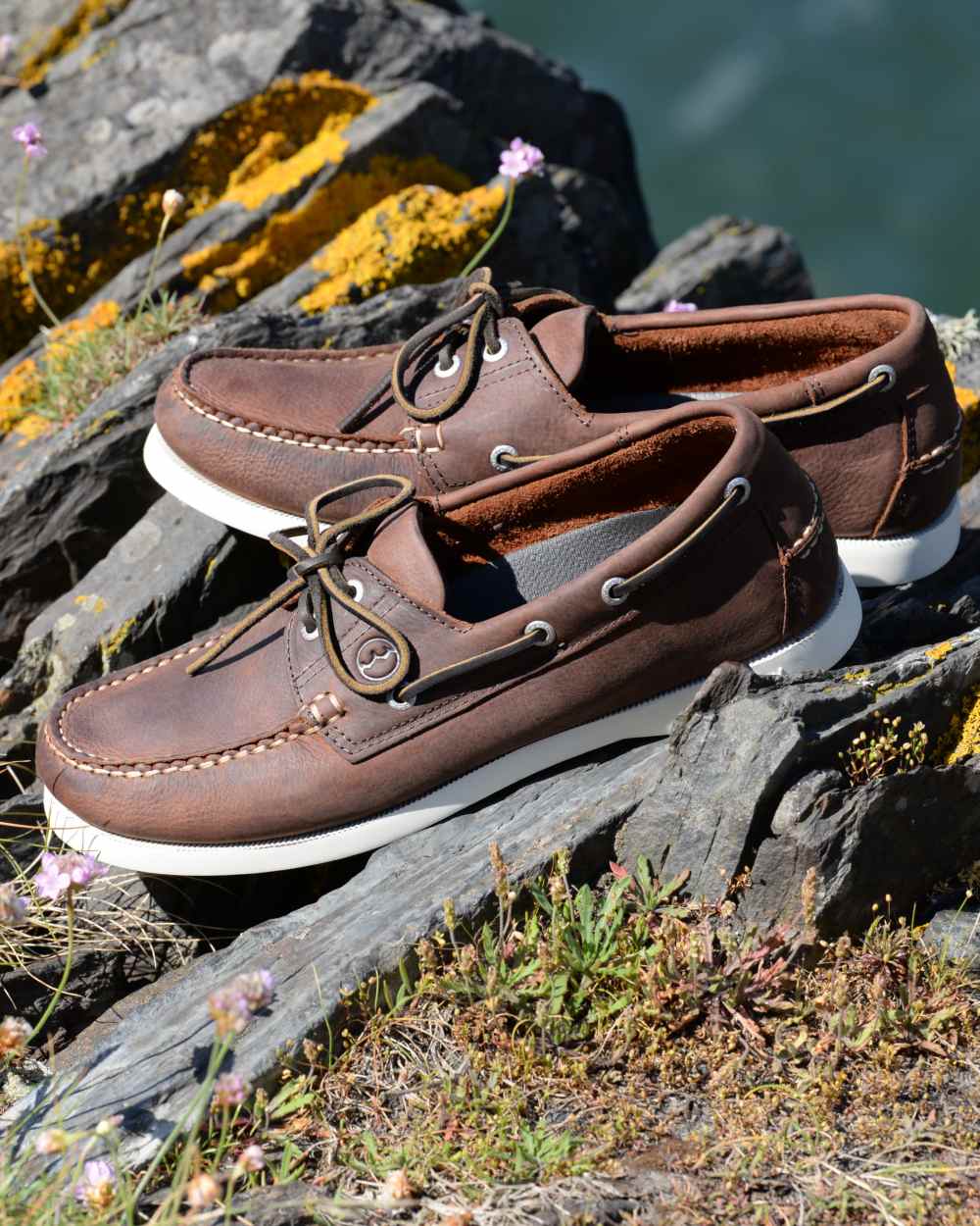 Russet Coloured Orca Bay Mens Maine Deck Shoes on ocean background 