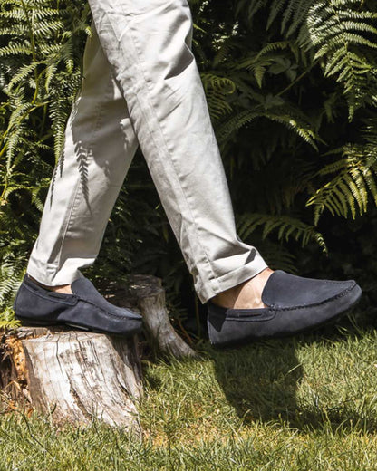 Navy Coloured Orca Bay Mens Silverstone Loafers on grassy background 