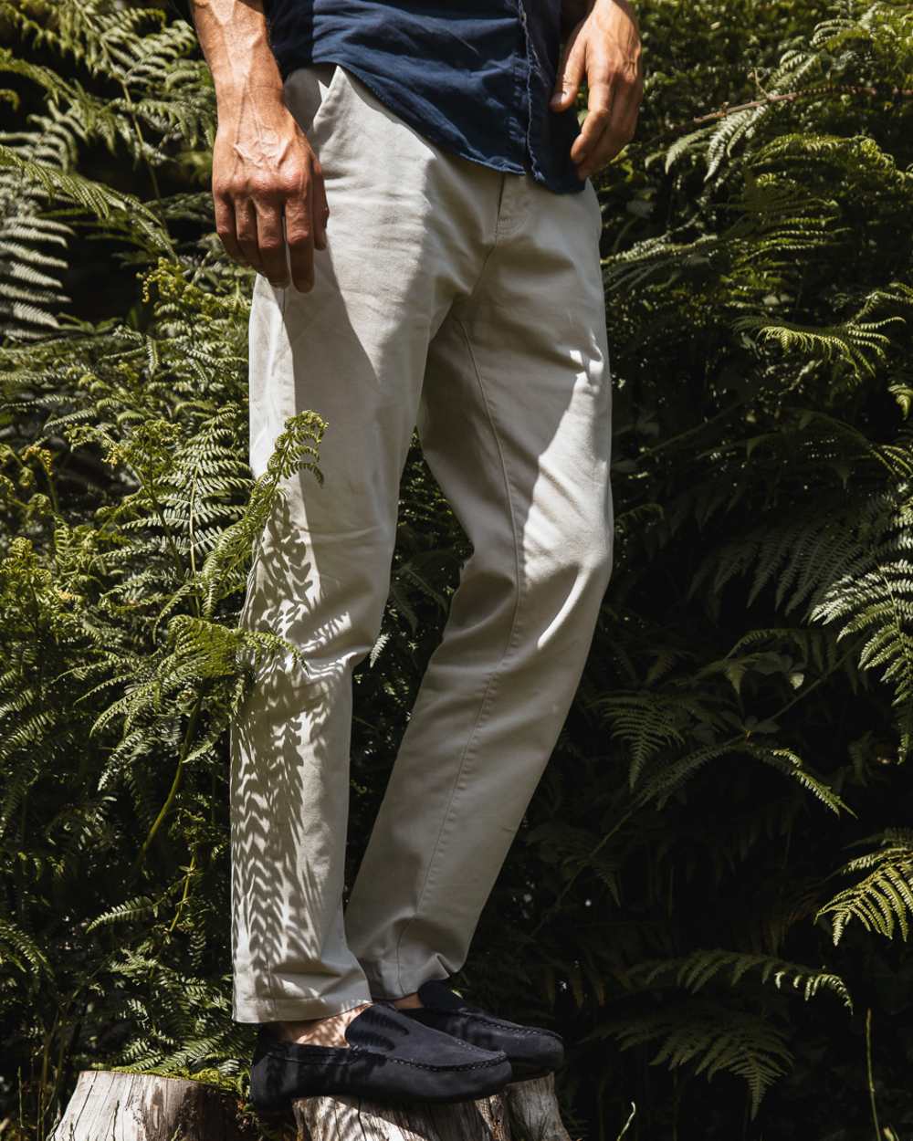 Navy Coloured Orca Bay Mens Silverstone Loafers on garden background 