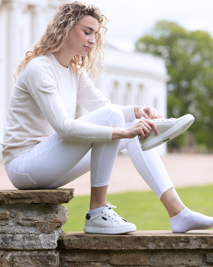White Navy Coloured Orca Bay Womens Belgravia Trainers on outdoor background 