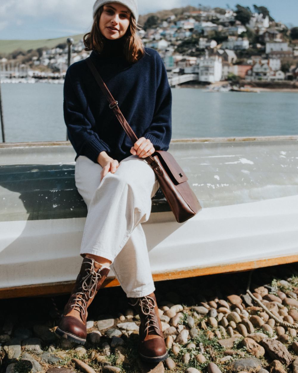 Brown Coloured Orca Bay Womens Bransdale Waterproof Boots on sea background 