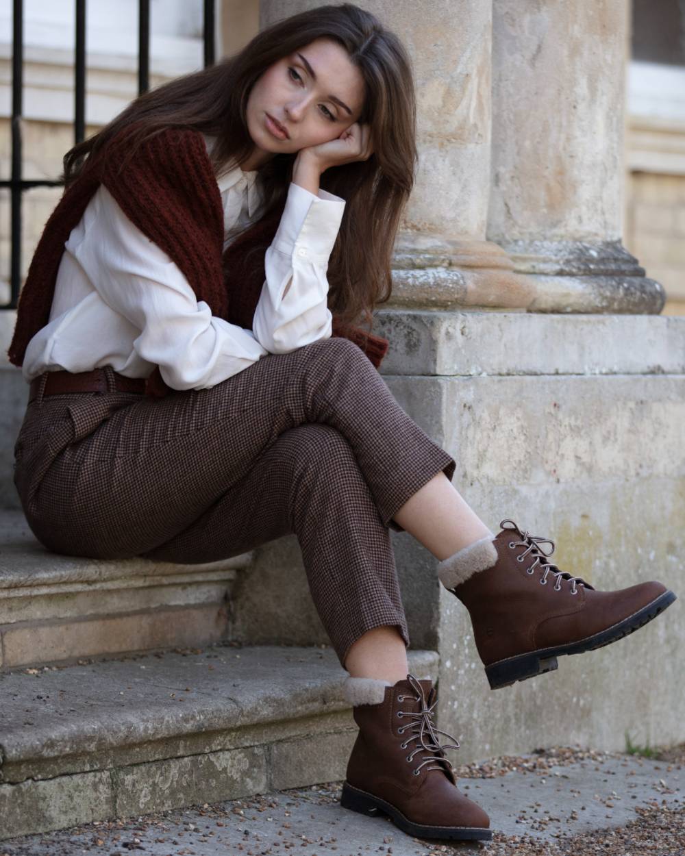 Brown coloured Orca Bay Womens Real Sheepskin Lining Pennine Boots on stairs background 