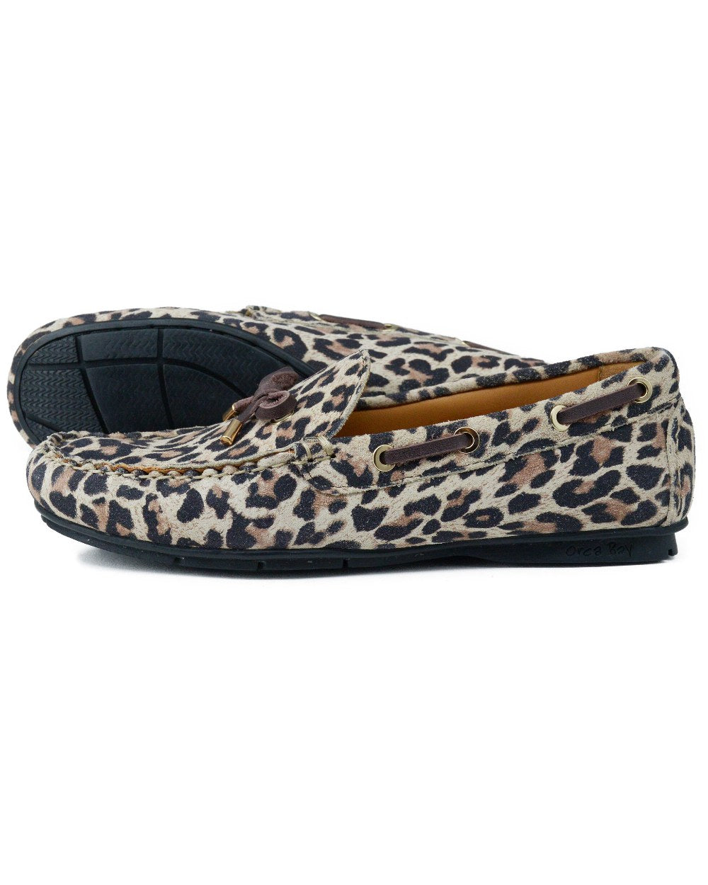 Leopard coloured Orca Bay Womens Vienna Loafers on white background 