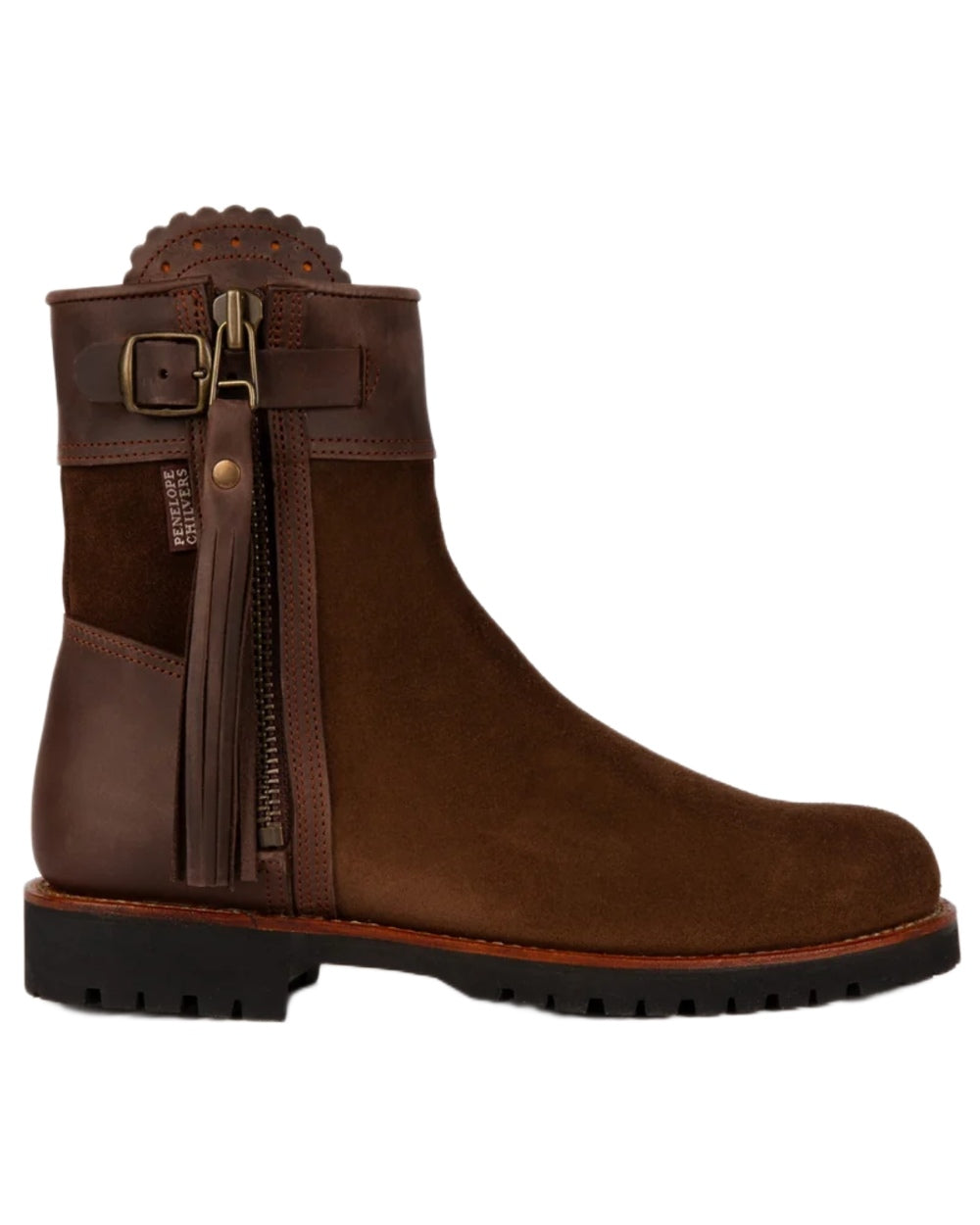 Dark Oak coloured Penelope Chilvers Womens Inclement Cropped Tassel Boots on white background 