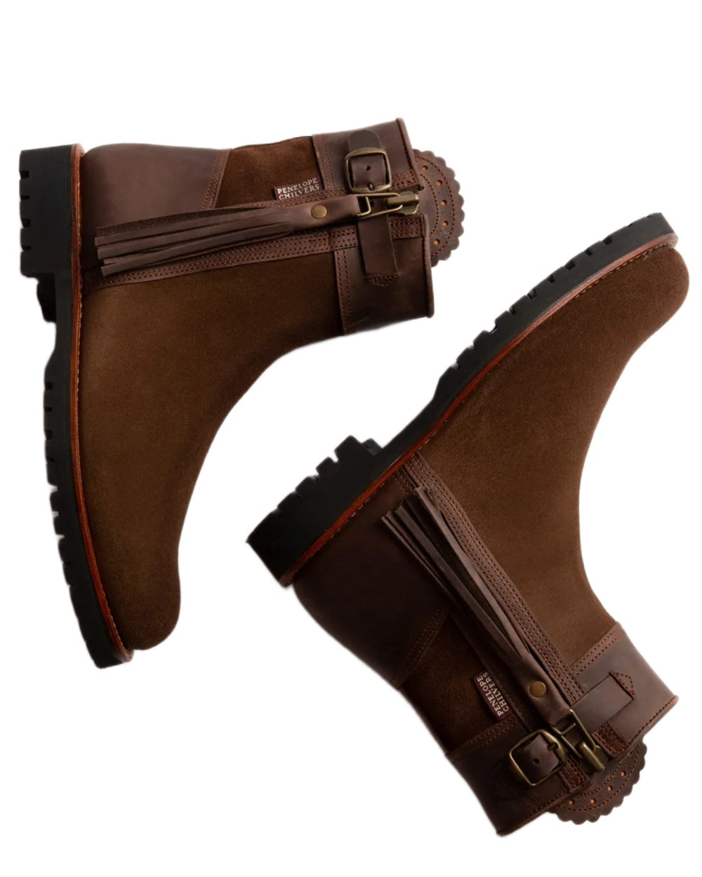 Dark Oak coloured Penelope Chilvers Womens Inclement Cropped Tassel Boots on white background 