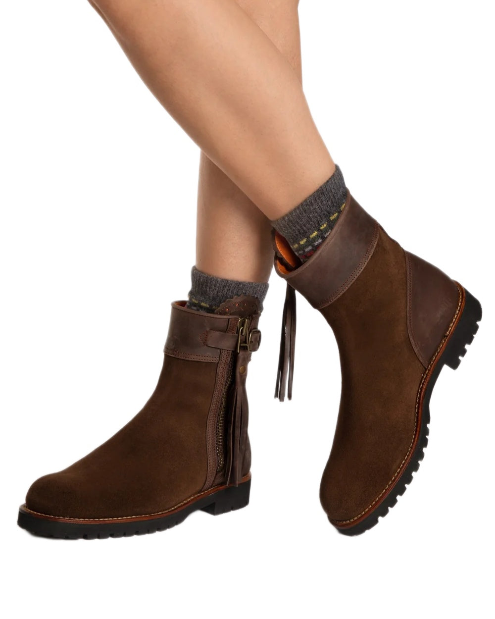 Dark Oak coloured Penelope Chilvers Womens Inclement Cropped Tassel Boots on white background 
