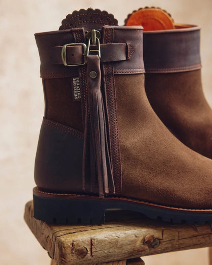 Dark Oak coloured Penelope Chilvers Womens Inclement Cropped Tassel Boots on indoor background 