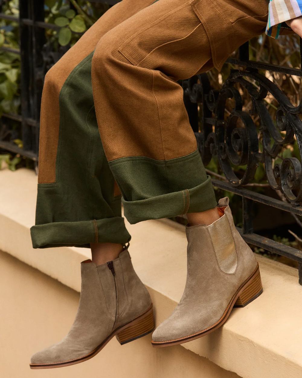 Camel coloured Penelope Chilvers Womens Rove Suede Boots on outdoor background 