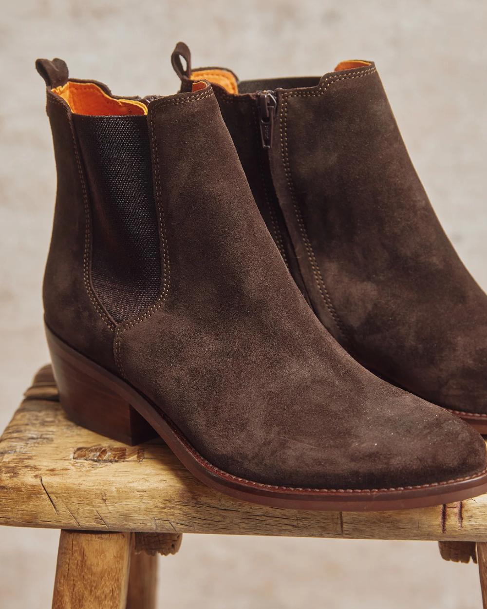 Bitter Chocolate coloured Penelope Chilvers Womens Rove Suede Boots on indoor background 