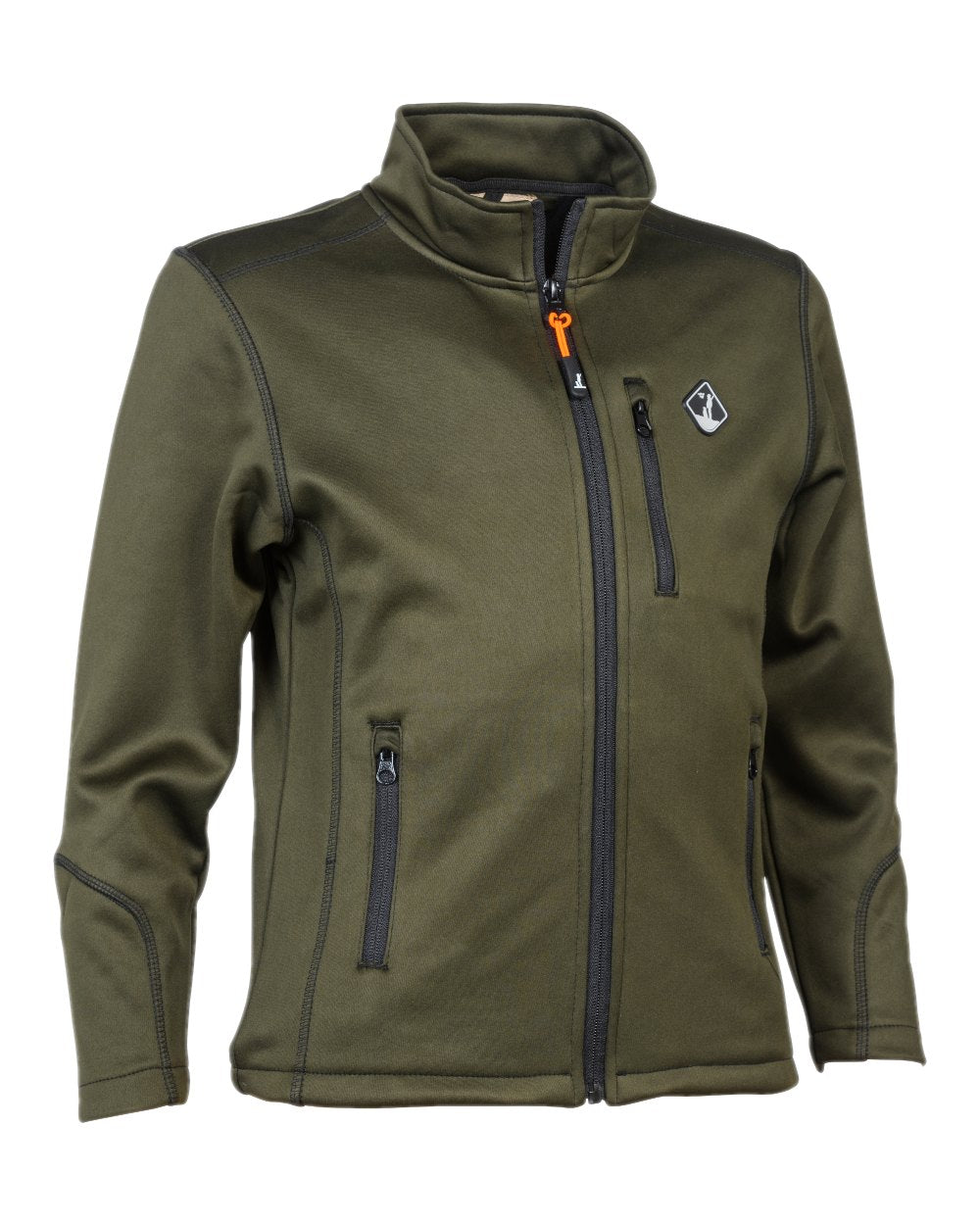 Khaki coloured Percussion Childrens Zipped Softshell Jacket on white background 