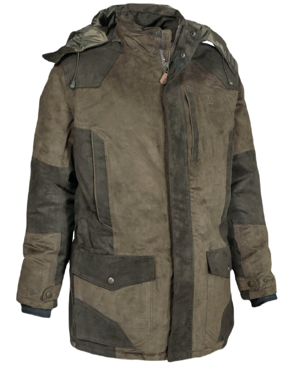 Khaki coloured Percussion Grand Nord Hunting Jacket Clearance on white background 