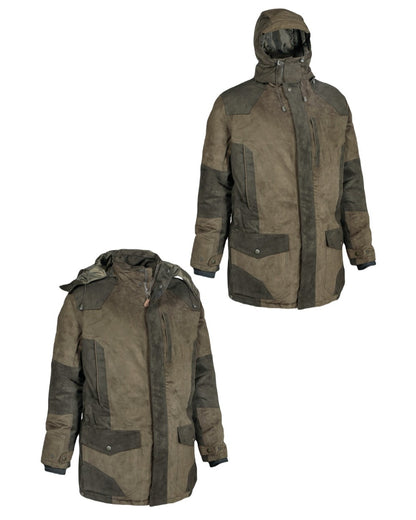 Khaki coloured Percussion Grand Nord Hunting Jacket Clearance on white background 