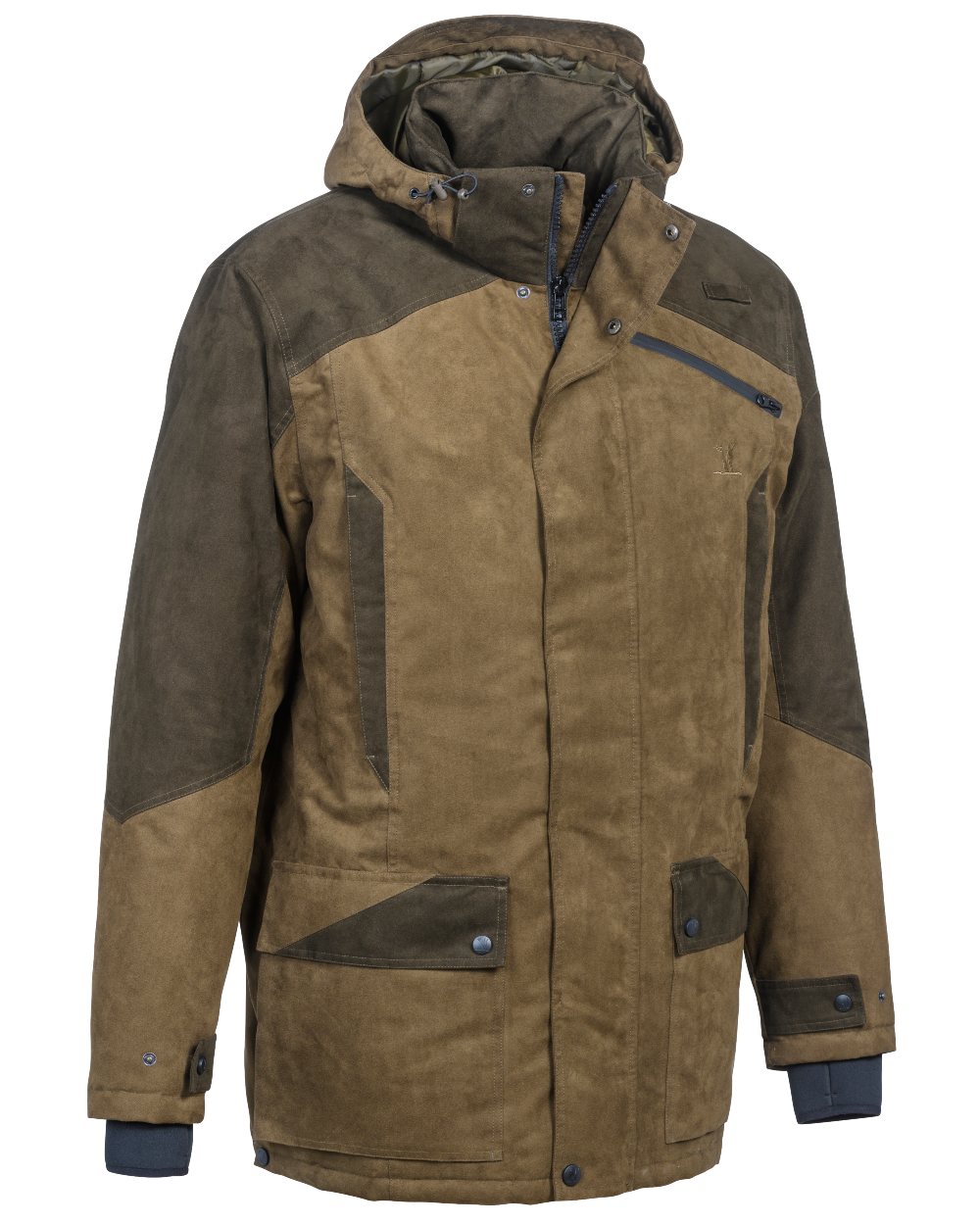 Light Khaki coloured Percussion Grand Nord Hunting Jacket on white background 