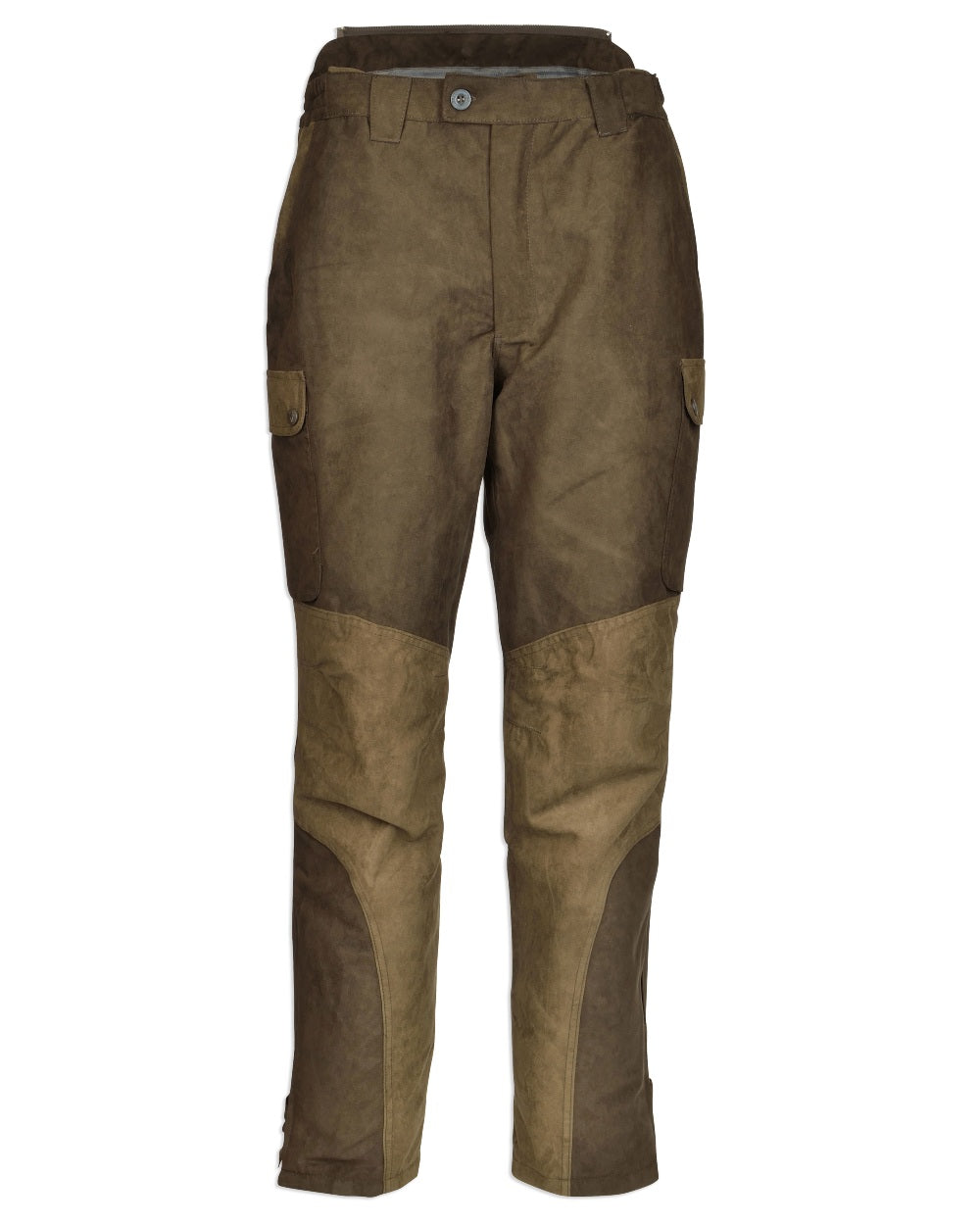 Khaki coloured Percussion Grand Nord Salopette Trousers on white background 