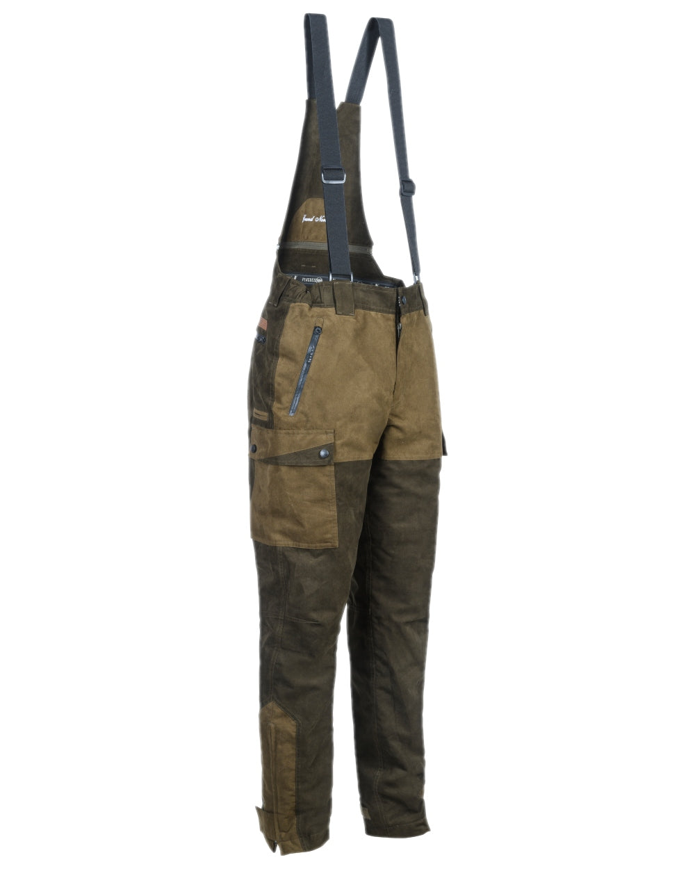 Light Khaki coloured Percussion Grand Nord Salopette Trousers on white background 