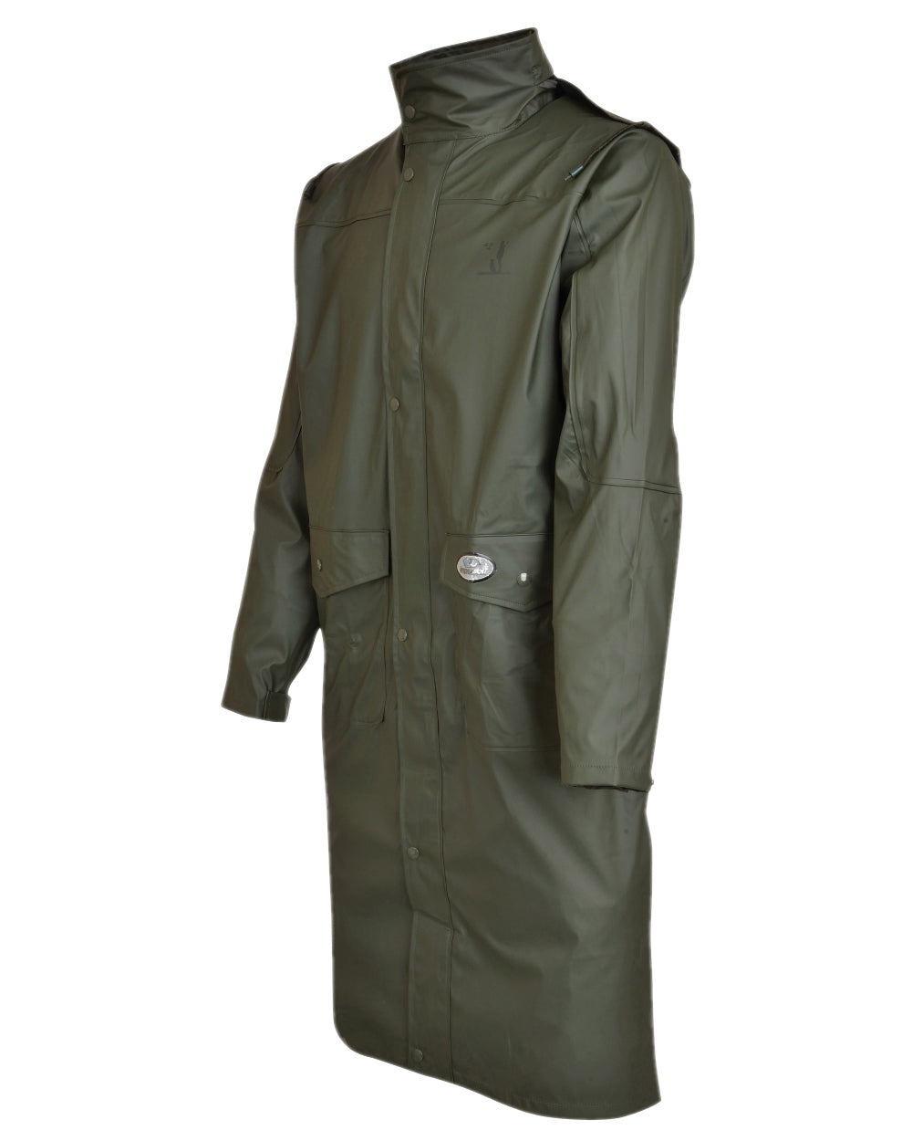 Khaki coloured Percussion Impersoft Long Waterproof Coat on white background 