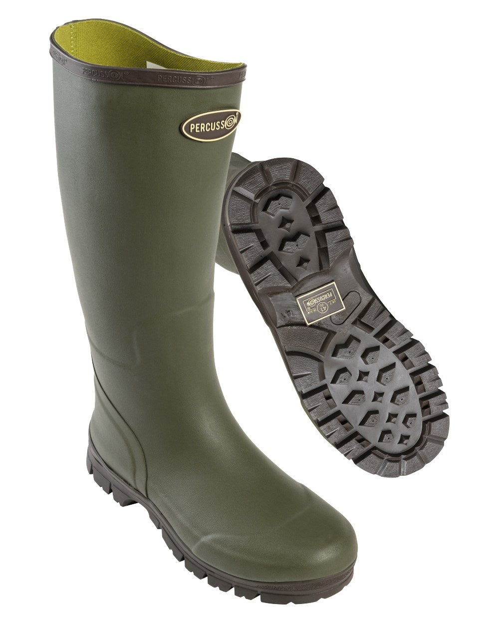 Green coloured Percussion Marly Hunting Wellington Boots on white background 
