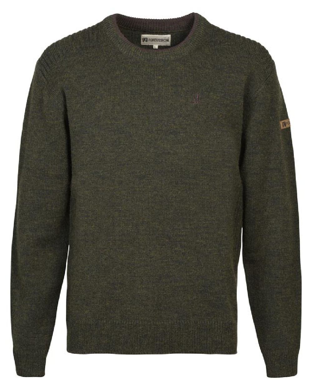 Khaki coloured Percussion Mens Knit Pullover Chasse Embroidered Round Neck Iceland on white background 