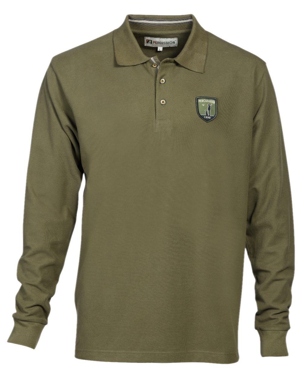 Khaki Coloured Percussion Mens Long Sleeved Polo Shirt on white background 