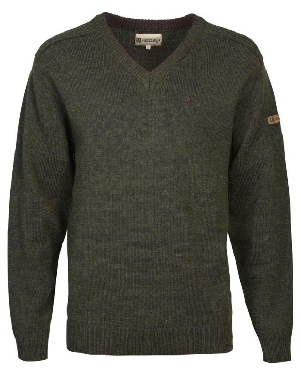 Khaki coloured Percussion Mens Pull Chase Neck V Iceland on white background 
