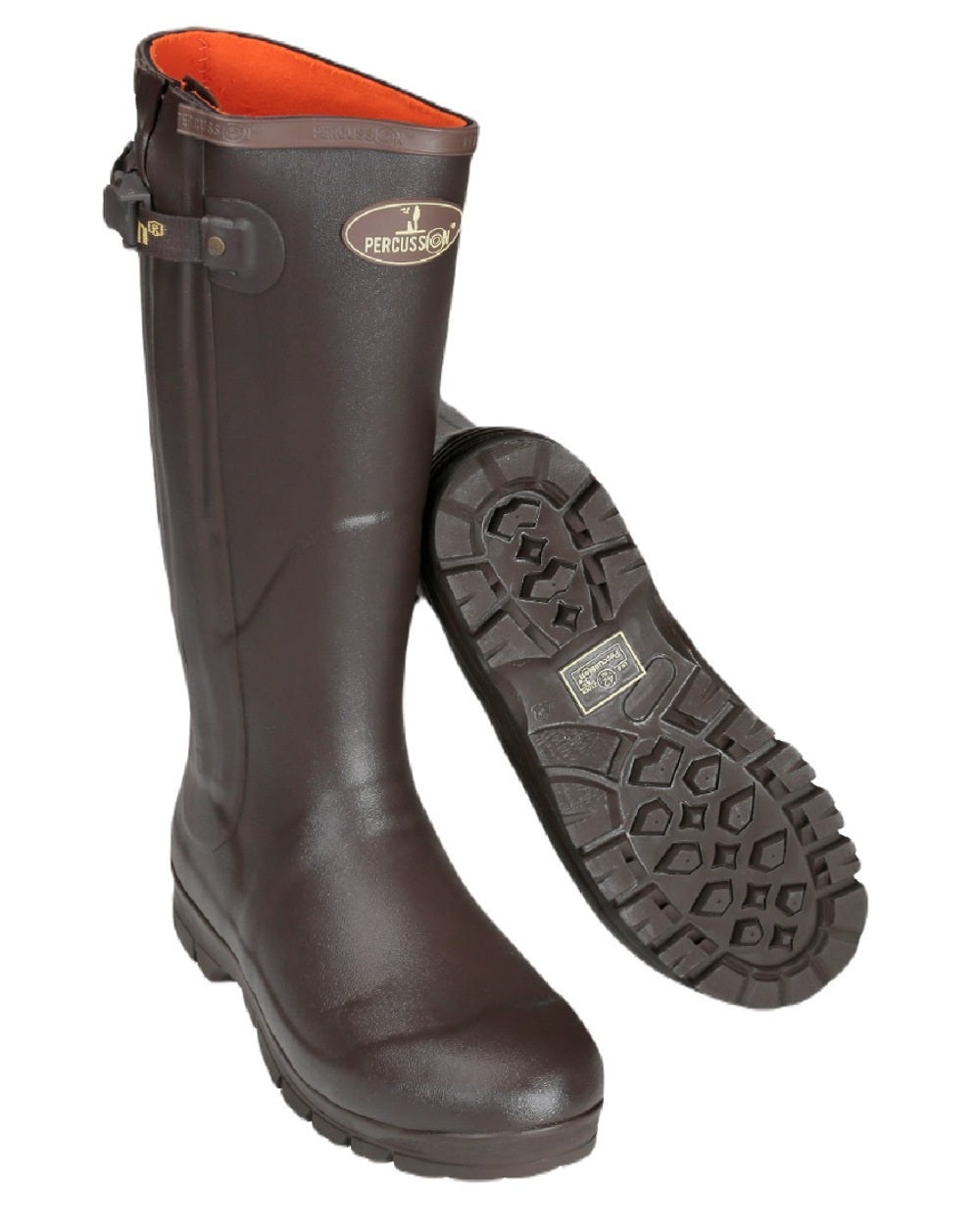 Brown coloured Percussion Rambouillet Full Zip Wellington Boots on white background 