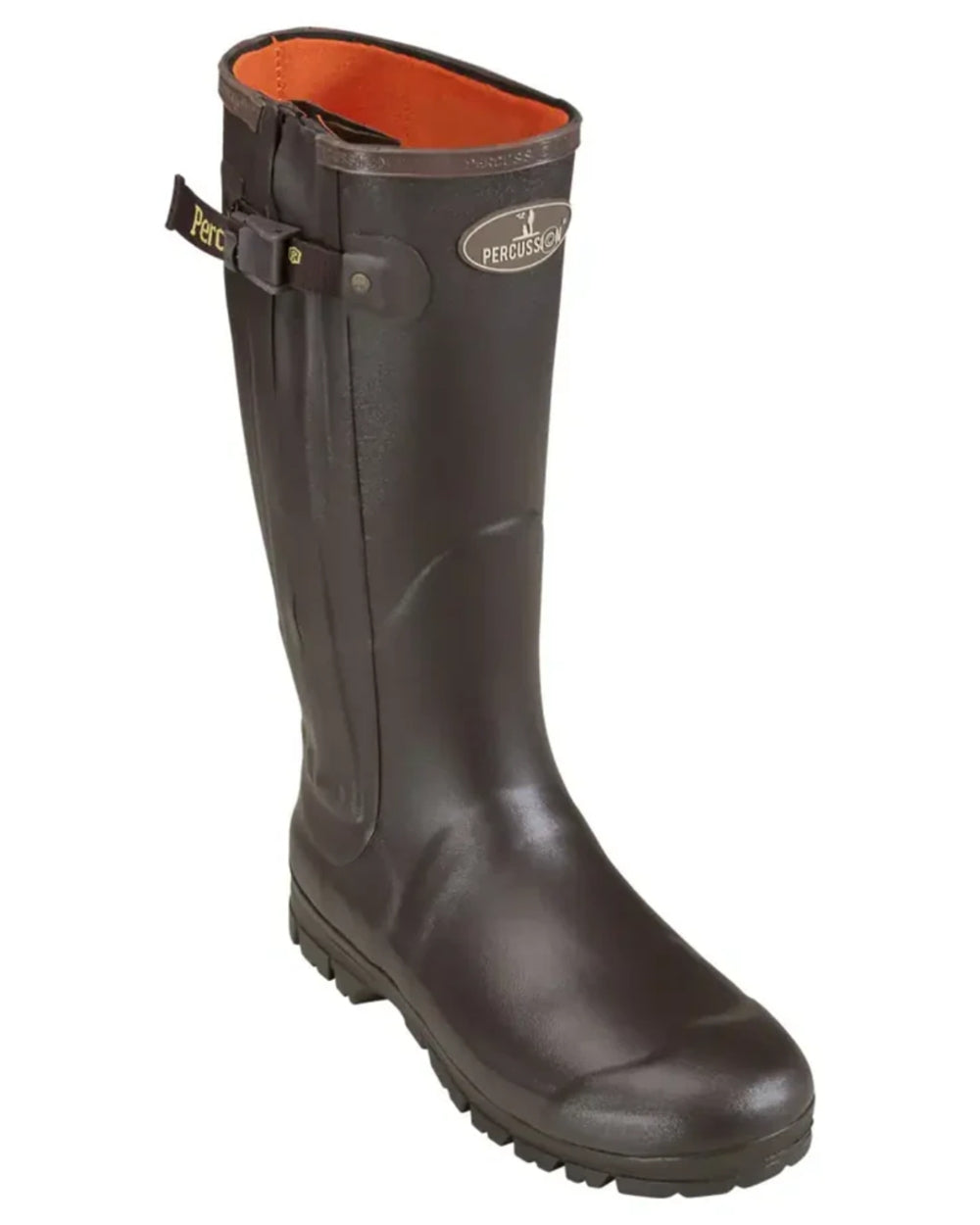 Brown coloured Percussion Rambouillet Full Zip Wellington Boots on white background 