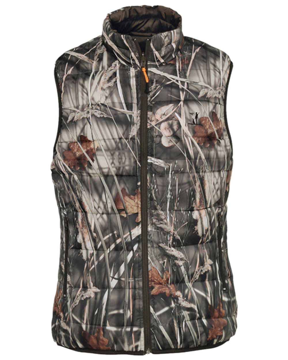 Brown Ghost Wet Camo Coloured Percussion Reversible Quilted Hunting Gilet on white background 